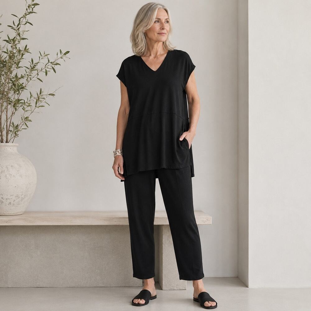 Eileen Fisher Jersey Tunic Top VNeck Capp Sleeve Black SzXL Quiet Luxury